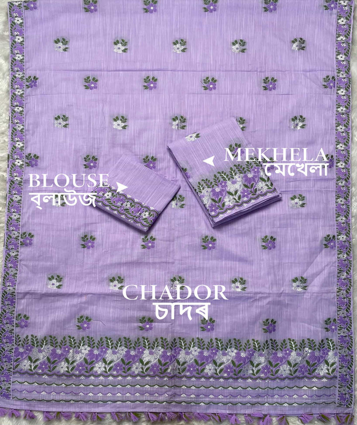 Ready-To-Wear Dhaga-Silver Jari Weaving Work Kesa Cotton* Mekhela Sador