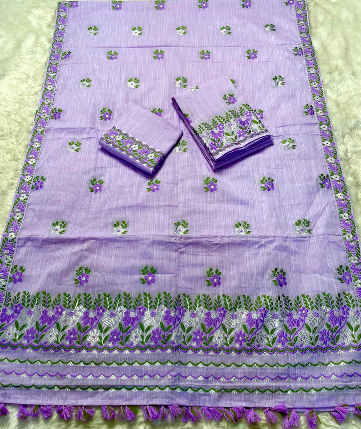 Ready-To-Wear Dhaga-Silver Jari Weaving Work Kesa Cotton* Mekhela Sador