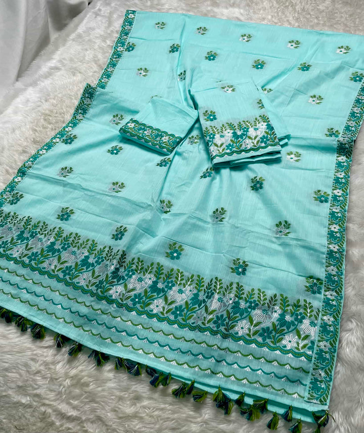 Ready-To-Wear Dhaga-Silver Jari Weaving Work Kesa Cotton* Mekhela Sador