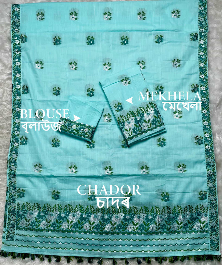 Ready-To-Wear Dhaga-Silver Jari Weaving Work Kesa Cotton* Mekhela Sador