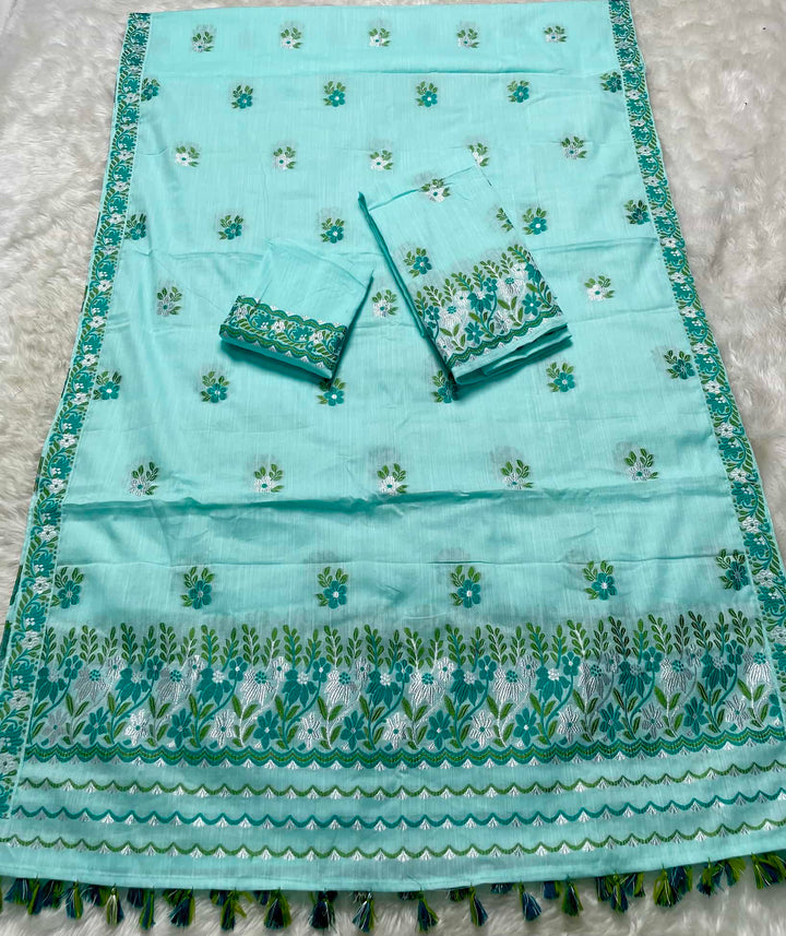 Ready-To-Wear Dhaga-Silver Jari Weaving Work Kesa Cotton* Mekhela Sador