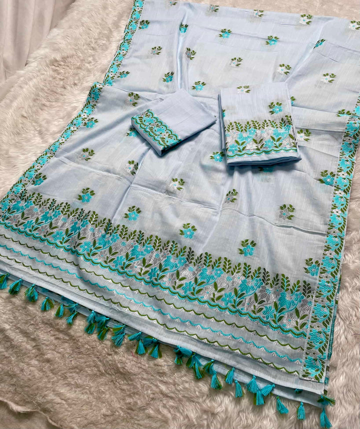Ready-To-Wear Dhaga-Silver Jari Weaving Work Kesa Cotton* Mekhela Sador