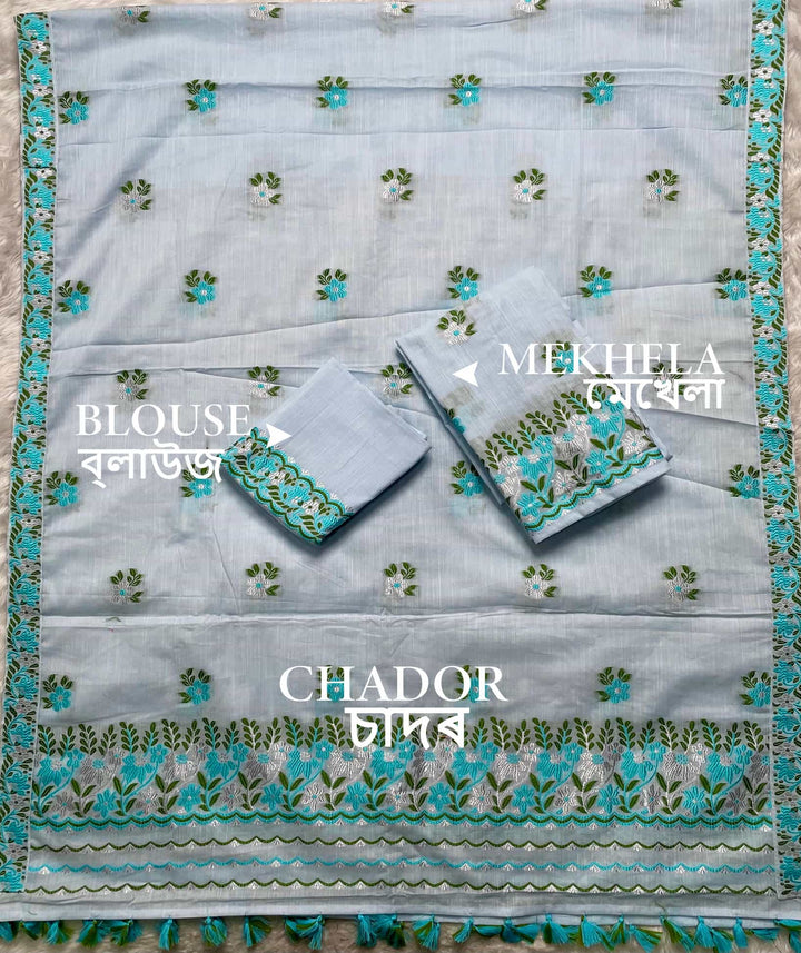 Ready-To-Wear Dhaga-Silver Jari Weaving Work Kesa Cotton* Mekhela Sador
