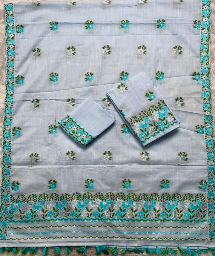 Ready-To-Wear Dhaga-Silver Jari Weaving Work Kesa Cotton* Mekhela Sador