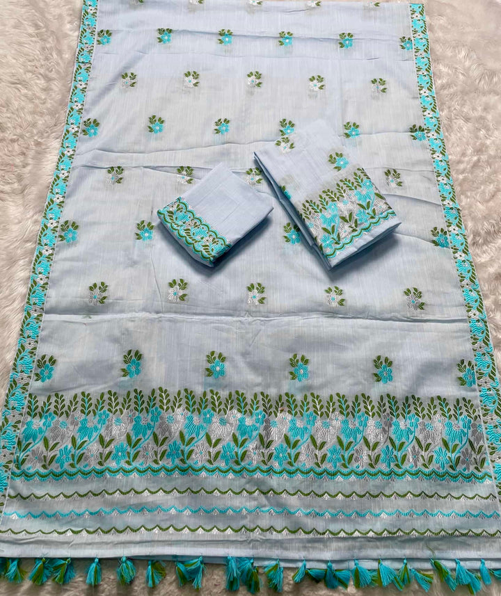 Ready-To-Wear Dhaga-Silver Jari Weaving Work Kesa Cotton* Mekhela Sador