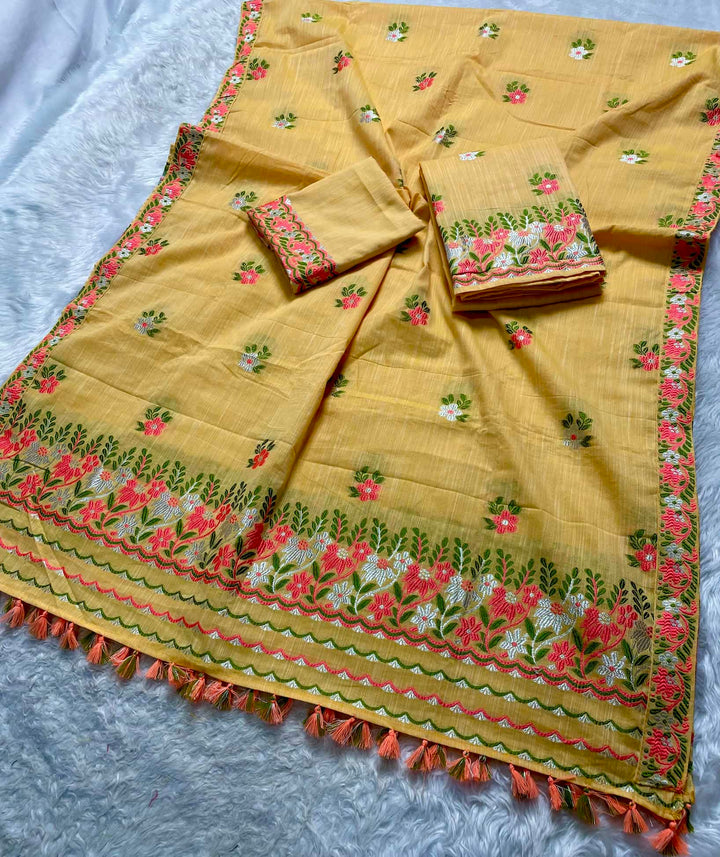 Ready-To-Wear Dhaga-Silver Jari Weaving Work Kesa Cotton* Mekhela Sador