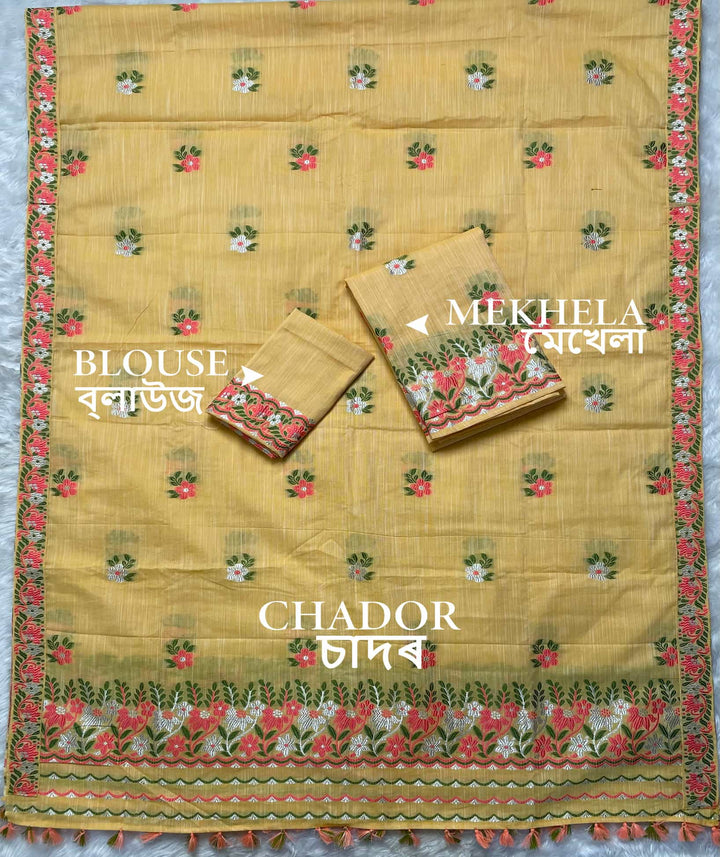 Ready-To-Wear Dhaga-Silver Jari Weaving Work Kesa Cotton* Mekhela Sador