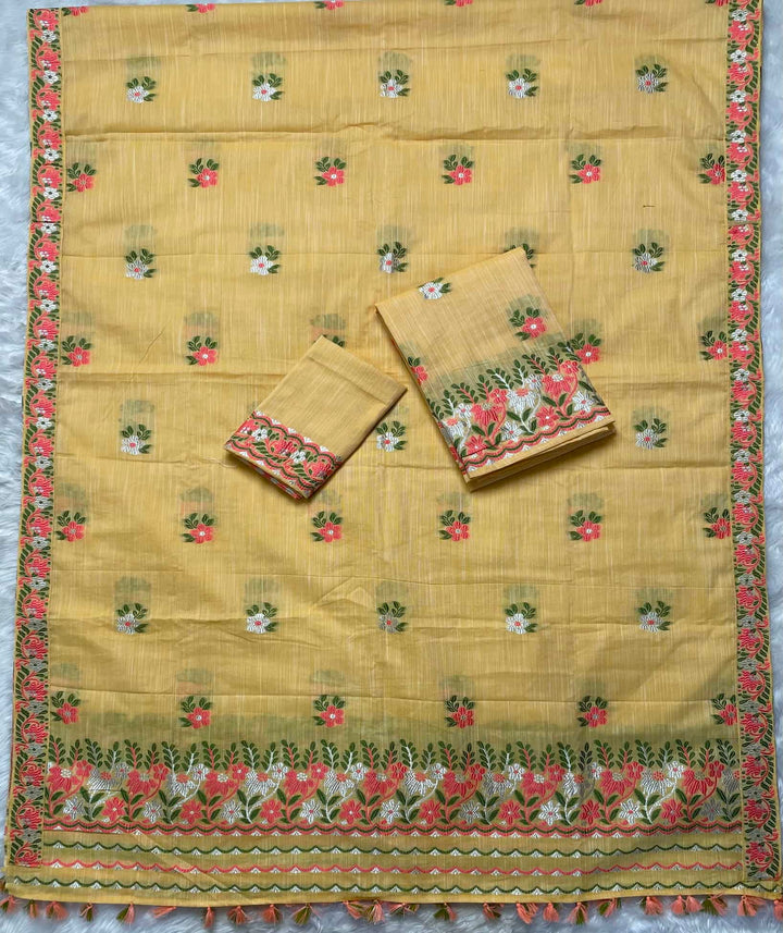 Ready-To-Wear Dhaga-Silver Jari Weaving Work Kesa Cotton* Mekhela Sador