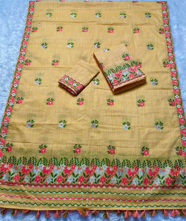 Ready-To-Wear Dhaga-Silver Jari Weaving Work Kesa Cotton* Mekhela Sador