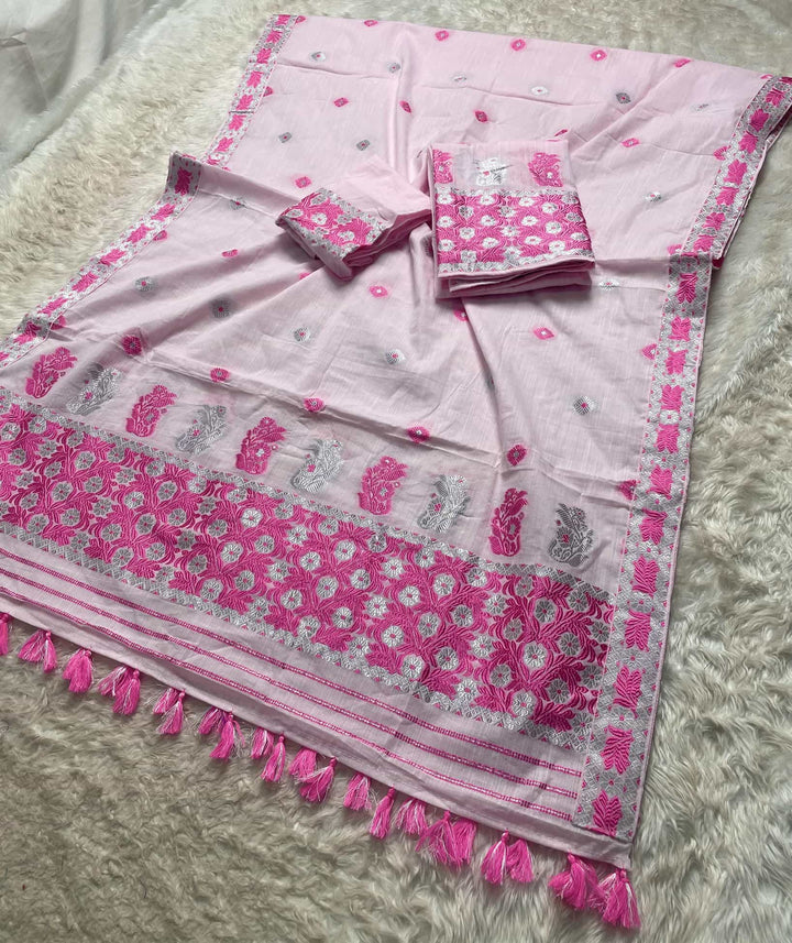 Ready-To-Wear Dhaga-Silver Jari Weaving Work Kesa Cotton* Mekhela Sador