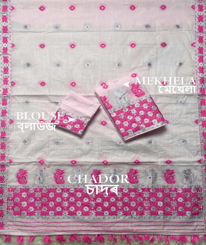 Ready-To-Wear Dhaga-Silver Jari Weaving Work Kesa Cotton* Mekhela Sador