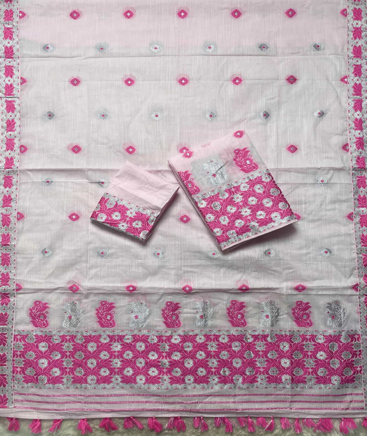 Ready-To-Wear Dhaga-Silver Jari Weaving Work Kesa Cotton* Mekhela Sador