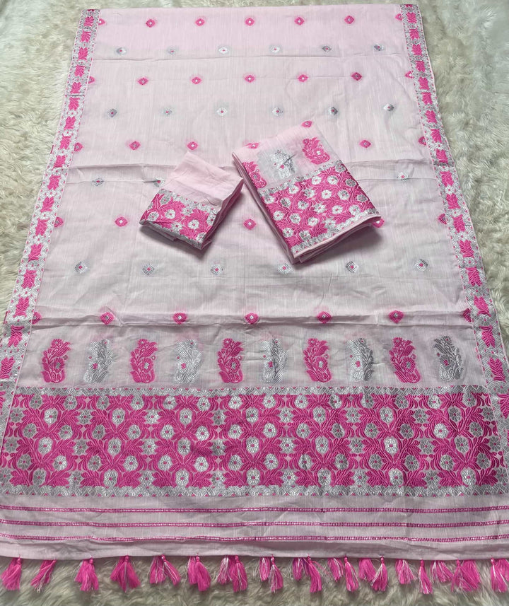 Ready-To-Wear Dhaga-Silver Jari Weaving Work Kesa Cotton* Mekhela Sador