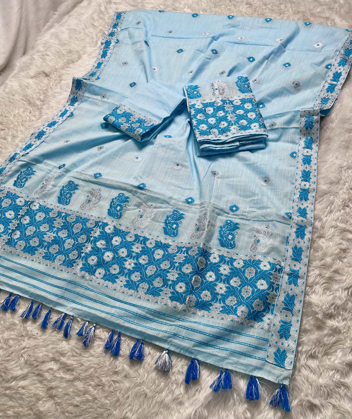 Ready-To-Wear Dhaga-Silver Jari Weaving Work Kesa Cotton* Mekhela Sador