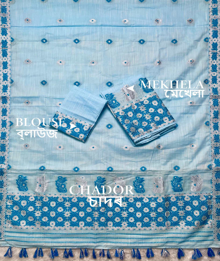 Ready-To-Wear Dhaga-Silver Jari Weaving Work Kesa Cotton* Mekhela Sador