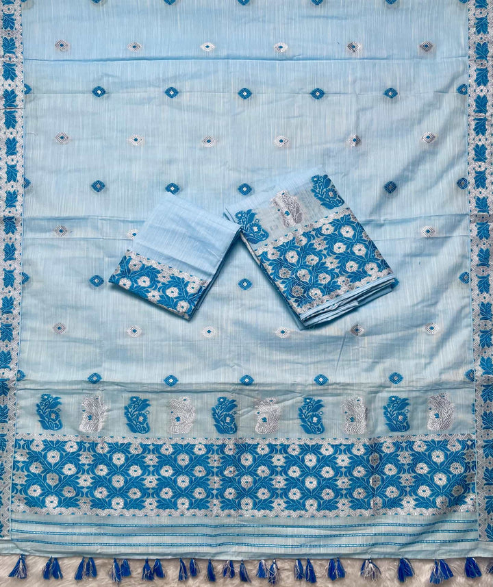 Ready-To-Wear Dhaga-Silver Jari Weaving Work Kesa Cotton* Mekhela Sador