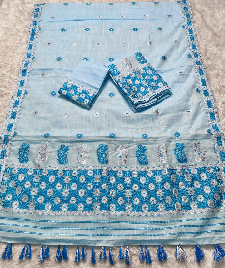Ready-To-Wear Dhaga-Silver Jari Weaving Work Kesa Cotton* Mekhela Sador