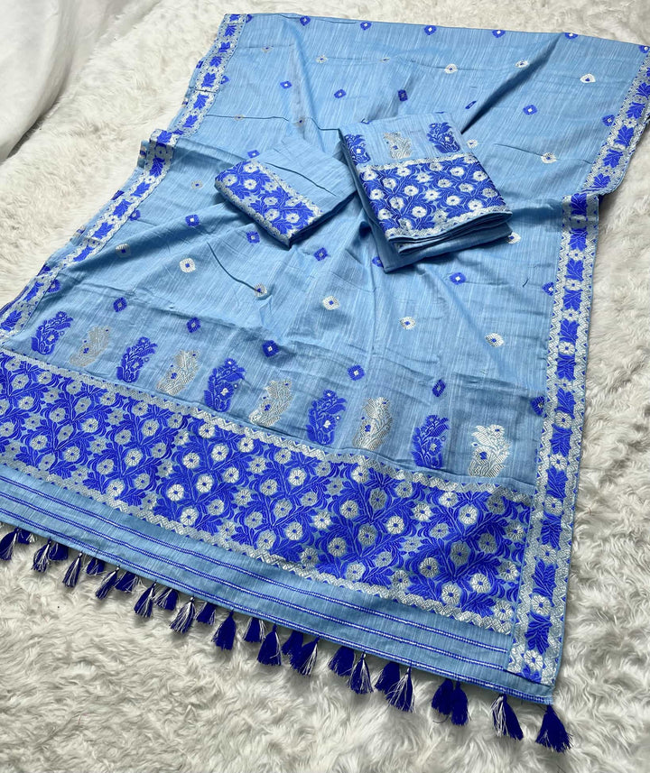Ready-To-Wear Dhaga-Silver Jari Weaving Work Kesa Cotton* Mekhela Sador
