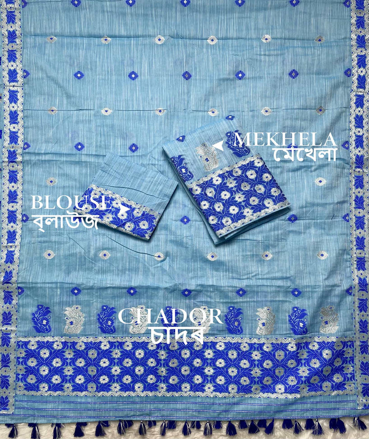 Ready-To-Wear Dhaga-Silver Jari Weaving Work Kesa Cotton* Mekhela Sador