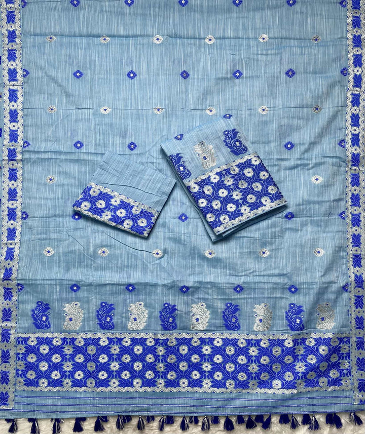 Ready-To-Wear Dhaga-Silver Jari Weaving Work Kesa Cotton* Mekhela Sador