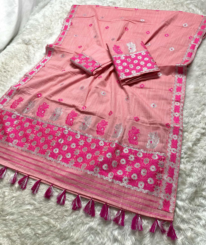 Ready-To-Wear Dhaga-Silver Jari Weaving Work Kesa Cotton* Mekhela Sador