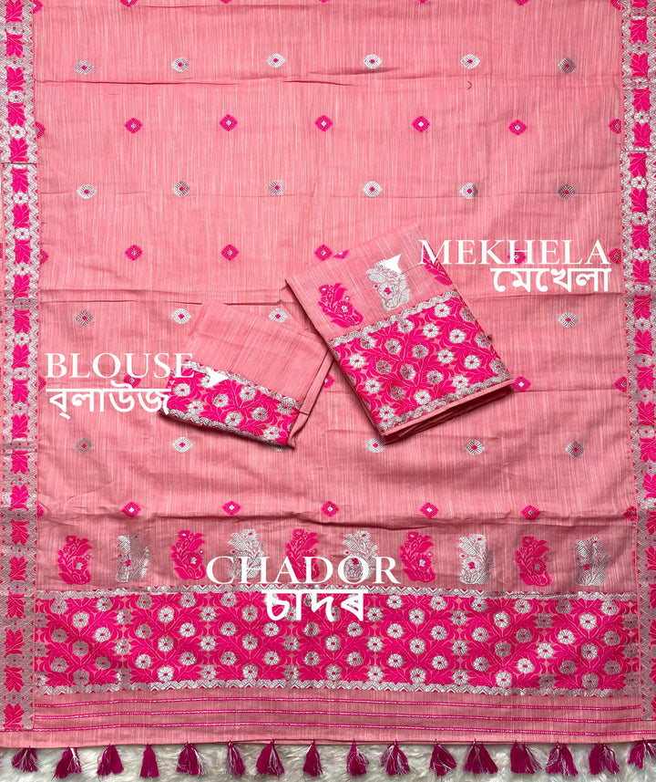 Ready-To-Wear Dhaga-Silver Jari Weaving Work Kesa Cotton* Mekhela Sador