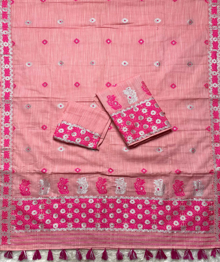 Ready-To-Wear Dhaga-Silver Jari Weaving Work Kesa Cotton* Mekhela Sador