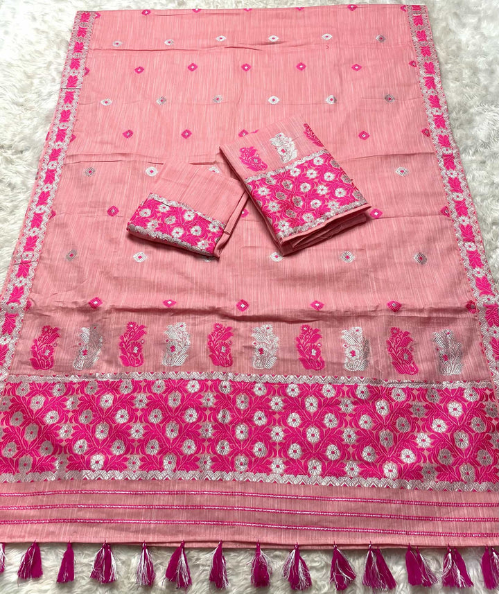 Ready-To-Wear Dhaga-Silver Jari Weaving Work Kesa Cotton* Mekhela Sador