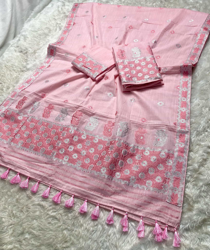 Ready-To-Wear Dhaga-Silver Jari Weaving Work Kesa Cotton* Mekhela Sador