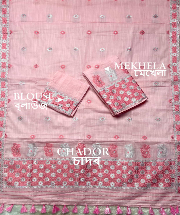 Ready-To-Wear Dhaga-Silver Jari Weaving Work Kesa Cotton* Mekhela Sador