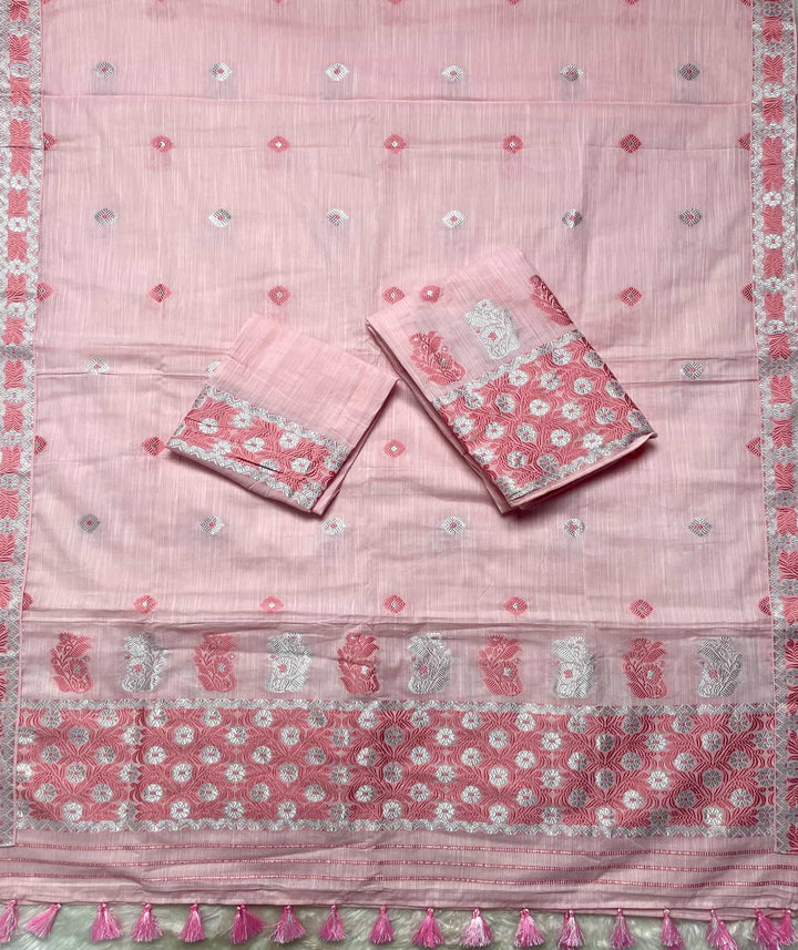 Ready-To-Wear Dhaga-Silver Jari Weaving Work Kesa Cotton* Mekhela Sador