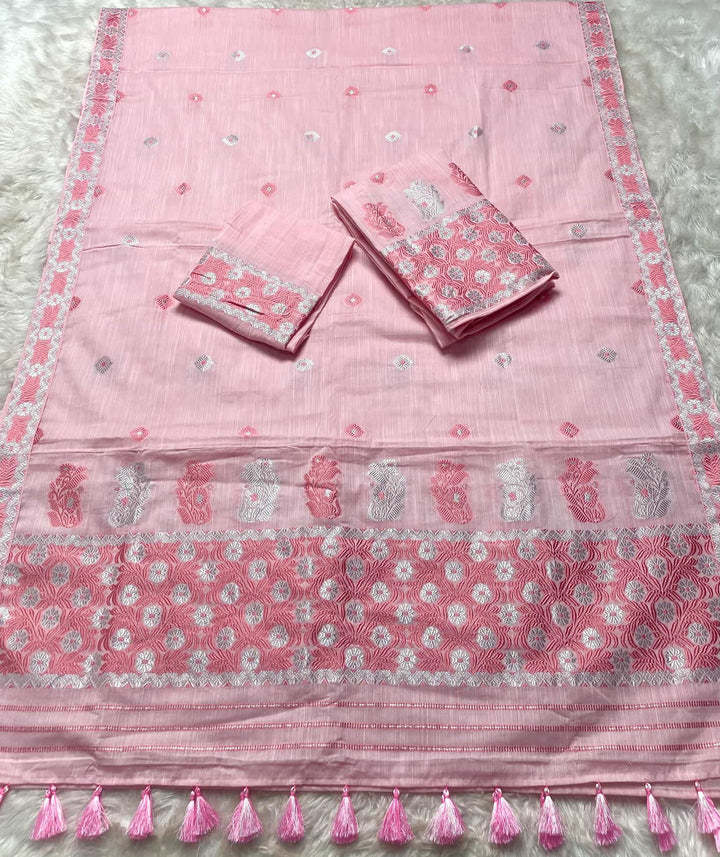 Ready-To-Wear Dhaga-Silver Jari Weaving Work Kesa Cotton* Mekhela Sador