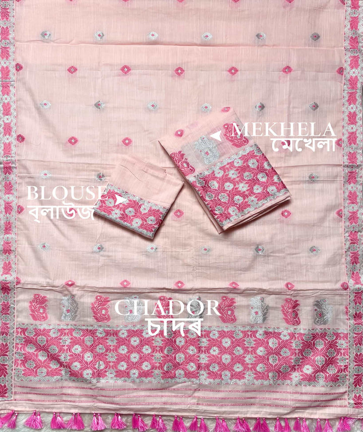 Ready-To-Wear Dhaga-Silver Jari Weaving Work Kesa Cotton* Mekhela Sador