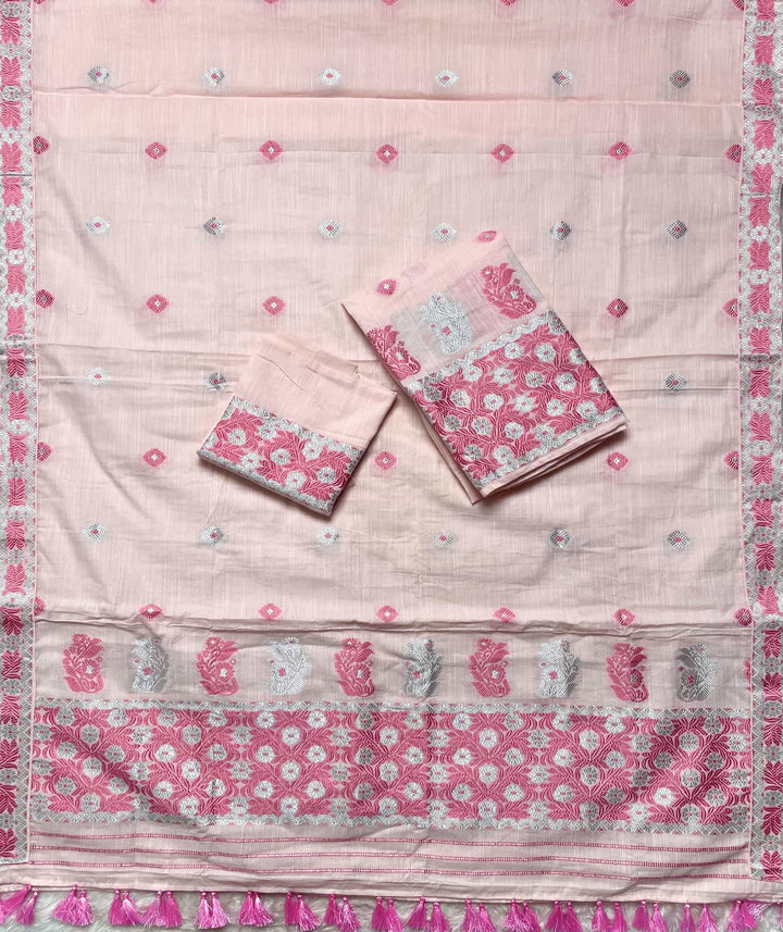 Ready-To-Wear Dhaga-Silver Jari Weaving Work Kesa Cotton* Mekhela Sador