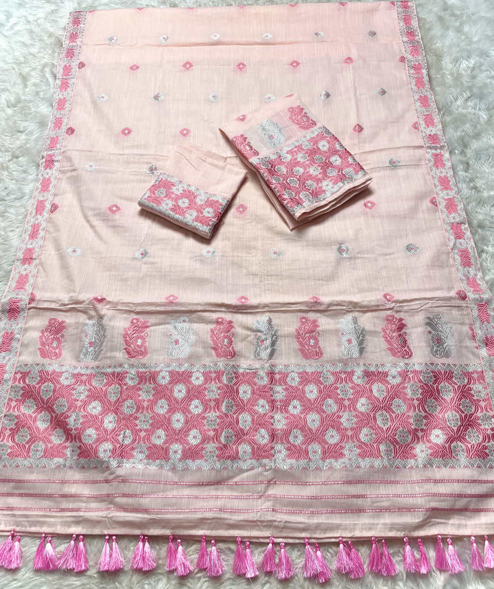 Ready-To-Wear Dhaga-Silver Jari Weaving Work Kesa Cotton* Mekhela Sador