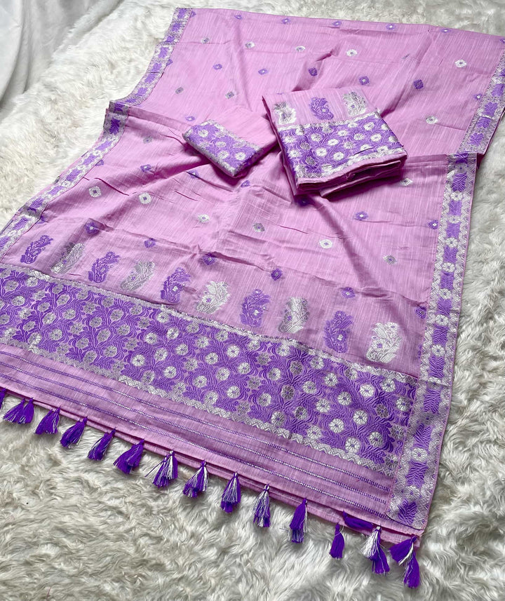 Ready-To-Wear Dhaga-Silver Jari Weaving Work Kesa Cotton* Mekhela Sador