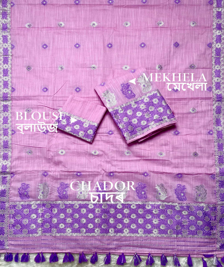 Ready-To-Wear Dhaga-Silver Jari Weaving Work Kesa Cotton* Mekhela Sador