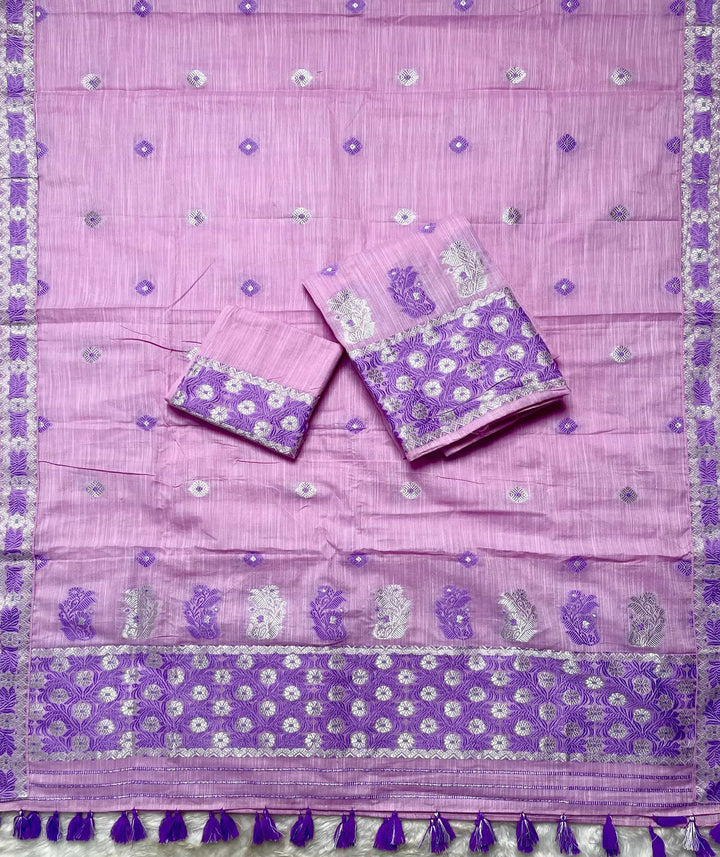 Ready-To-Wear Dhaga-Silver Jari Weaving Work Kesa Cotton* Mekhela Sador