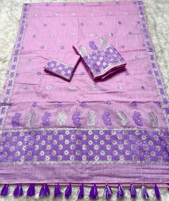 Ready-To-Wear Dhaga-Silver Jari Weaving Work Kesa Cotton* Mekhela Sador
