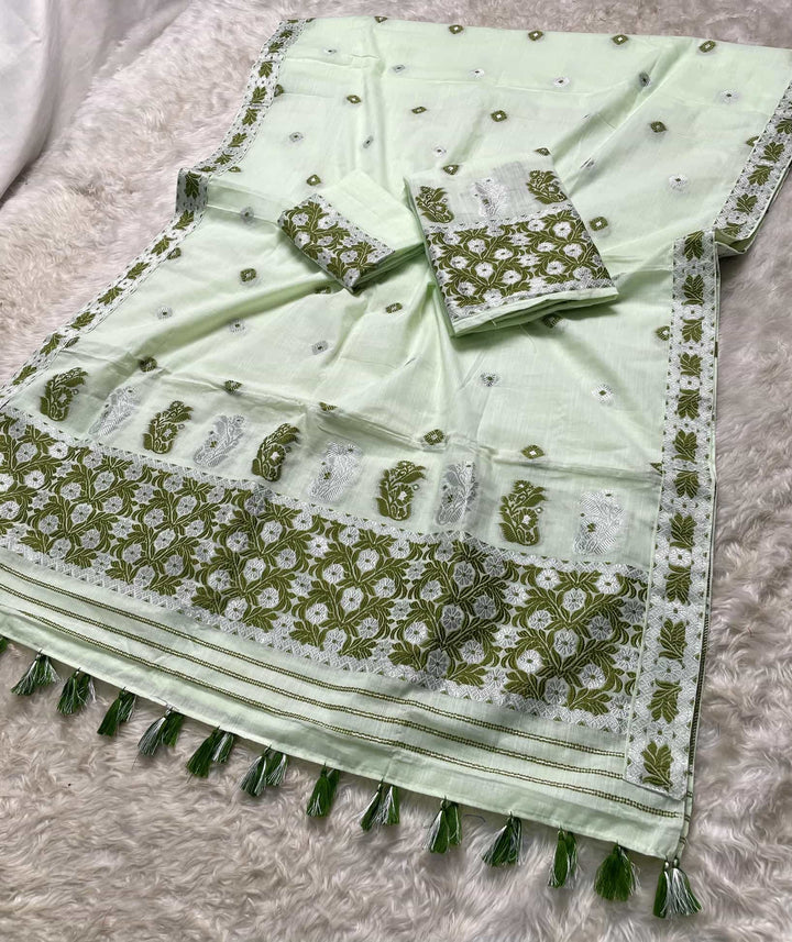Ready-To-Wear Dhaga-Silver Jari Weaving Work Kesa Cotton* Mekhela Sador