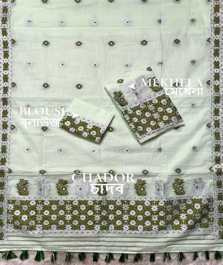 Ready-To-Wear Dhaga-Silver Jari Weaving Work Kesa Cotton* Mekhela Sador