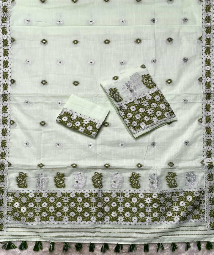 Ready-To-Wear Dhaga-Silver Jari Weaving Work Kesa Cotton* Mekhela Sador