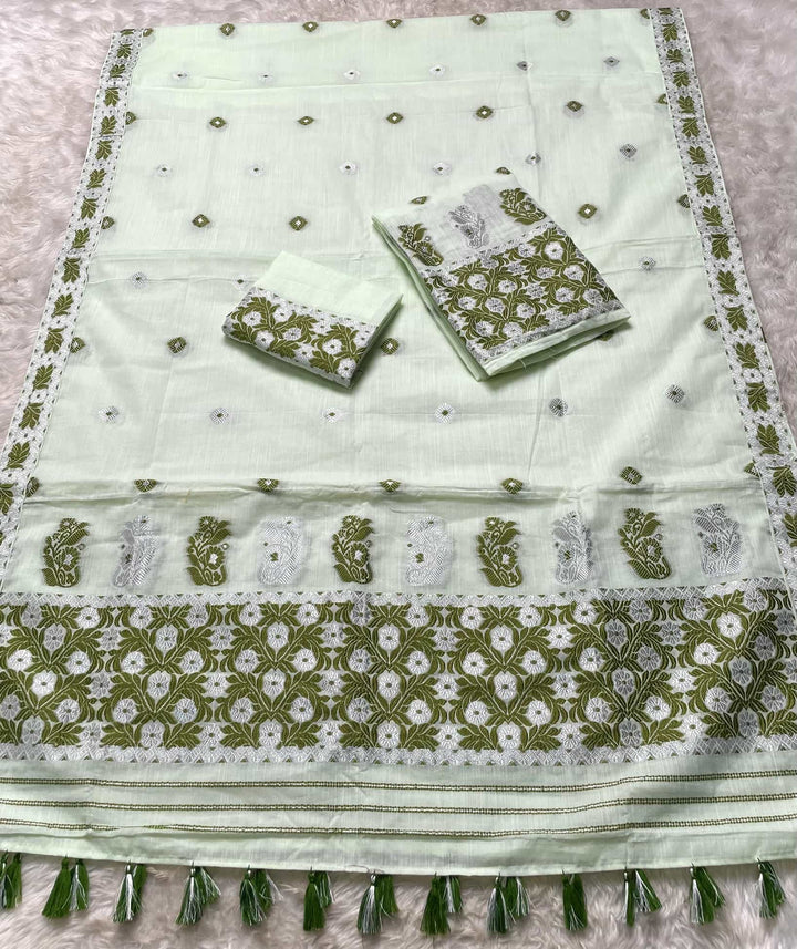 Ready-To-Wear Dhaga-Silver Jari Weaving Work Kesa Cotton* Mekhela Sador