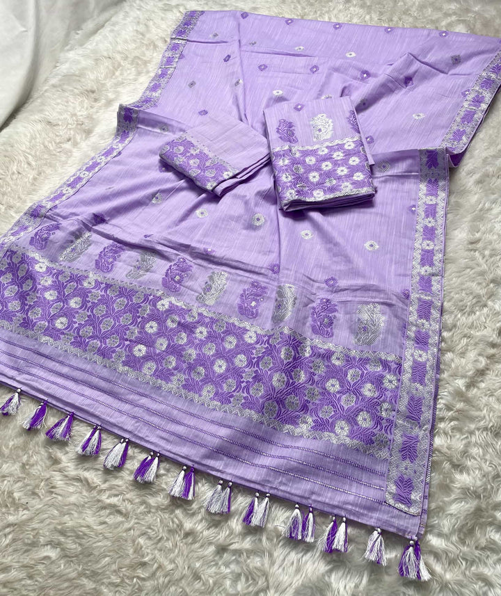 Ready-To-Wear Dhaga-Silver Jari Weaving Work Kesa Cotton* Mekhela Sador