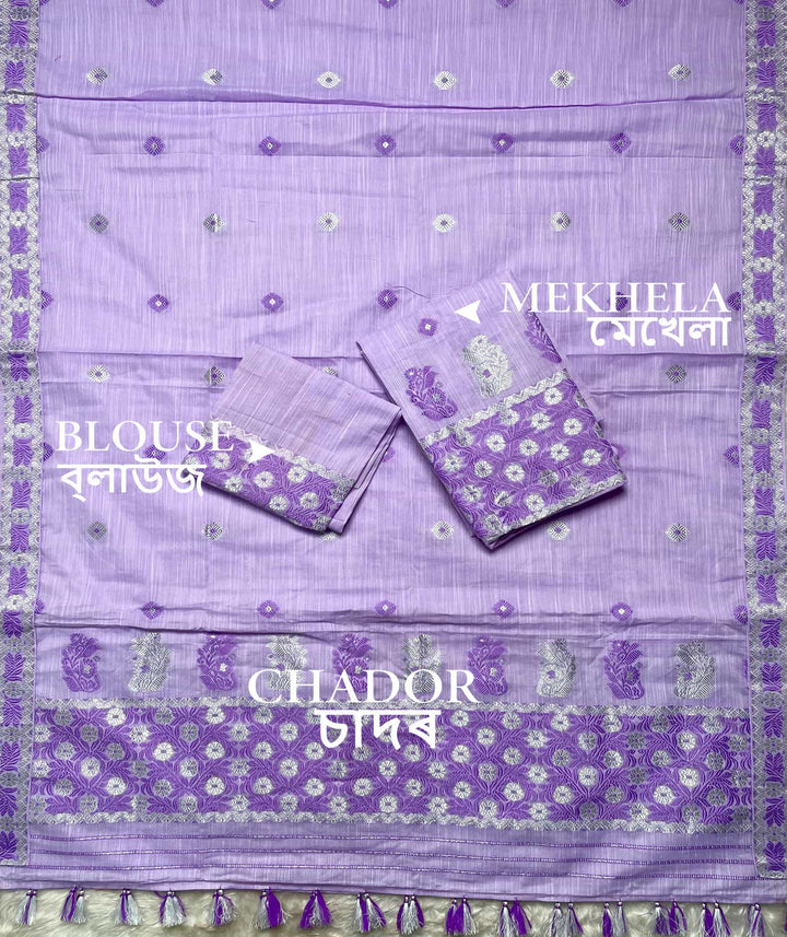Ready-To-Wear Dhaga-Silver Jari Weaving Work Kesa Cotton* Mekhela Sador