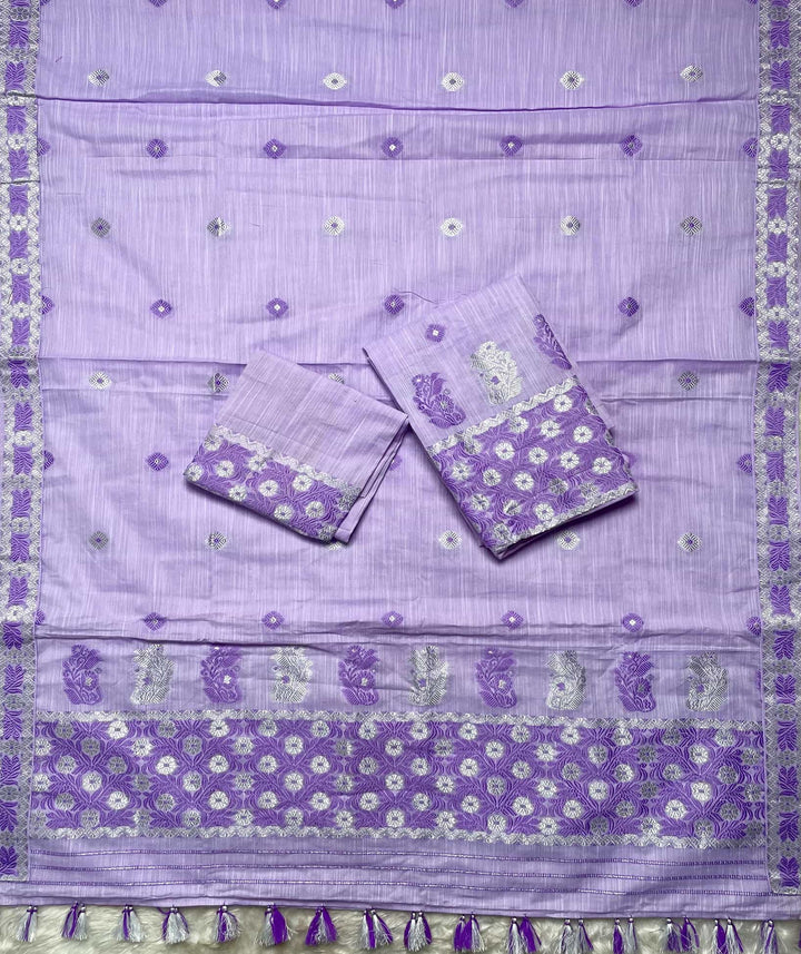 Ready-To-Wear Dhaga-Silver Jari Weaving Work Kesa Cotton* Mekhela Sador