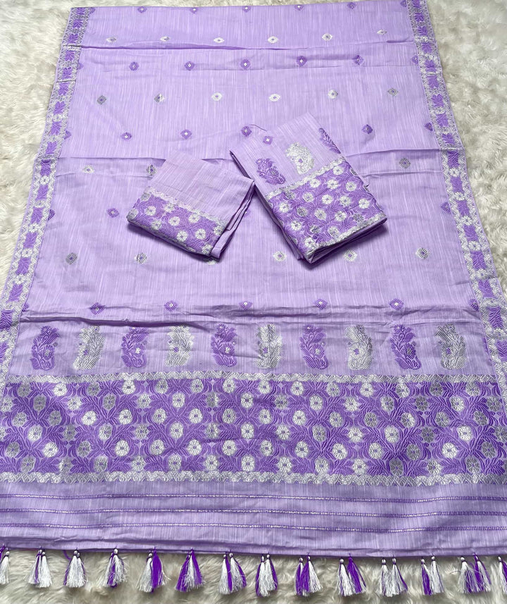 Ready-To-Wear Dhaga-Silver Jari Weaving Work Kesa Cotton* Mekhela Sador