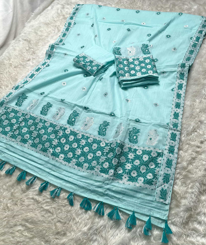 Ready-To-Wear Dhaga-Silver Jari Weaving Work Kesa Cotton* Mekhela Sador
