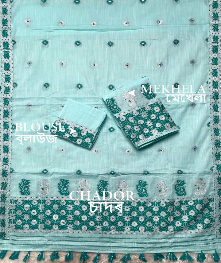 Ready-To-Wear Dhaga-Silver Jari Weaving Work Kesa Cotton* Mekhela Sador