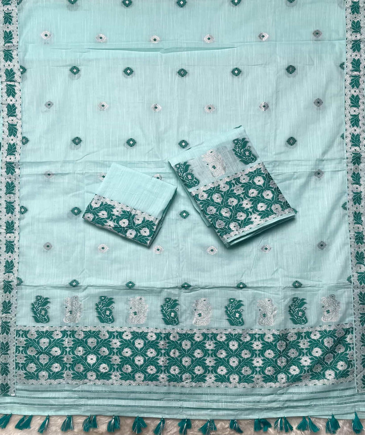 Ready-To-Wear Dhaga-Silver Jari Weaving Work Kesa Cotton* Mekhela Sador
